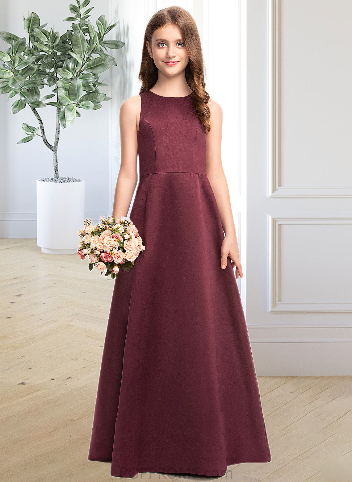 Regan A-Line Scoop Neck Floor-Length Satin Junior Bridesmaid Dress PP6P0013348