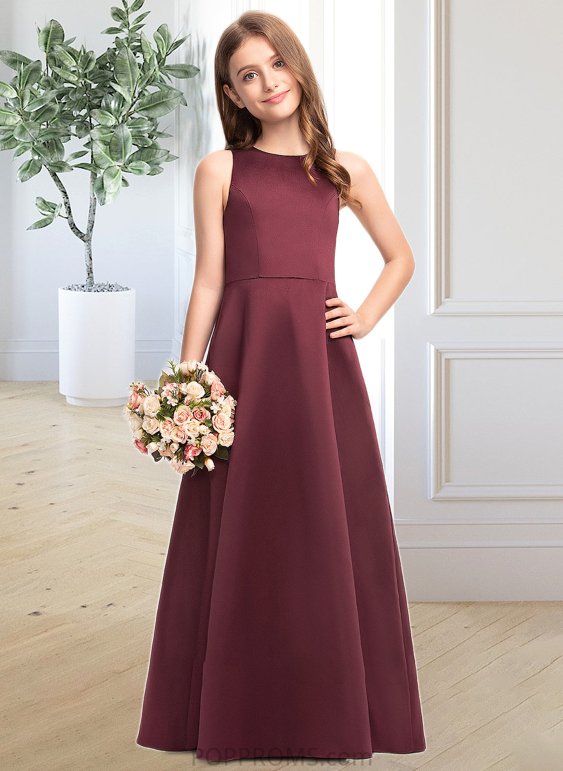 Regan A-Line Scoop Neck Floor-Length Satin Junior Bridesmaid Dress PP6P0013348