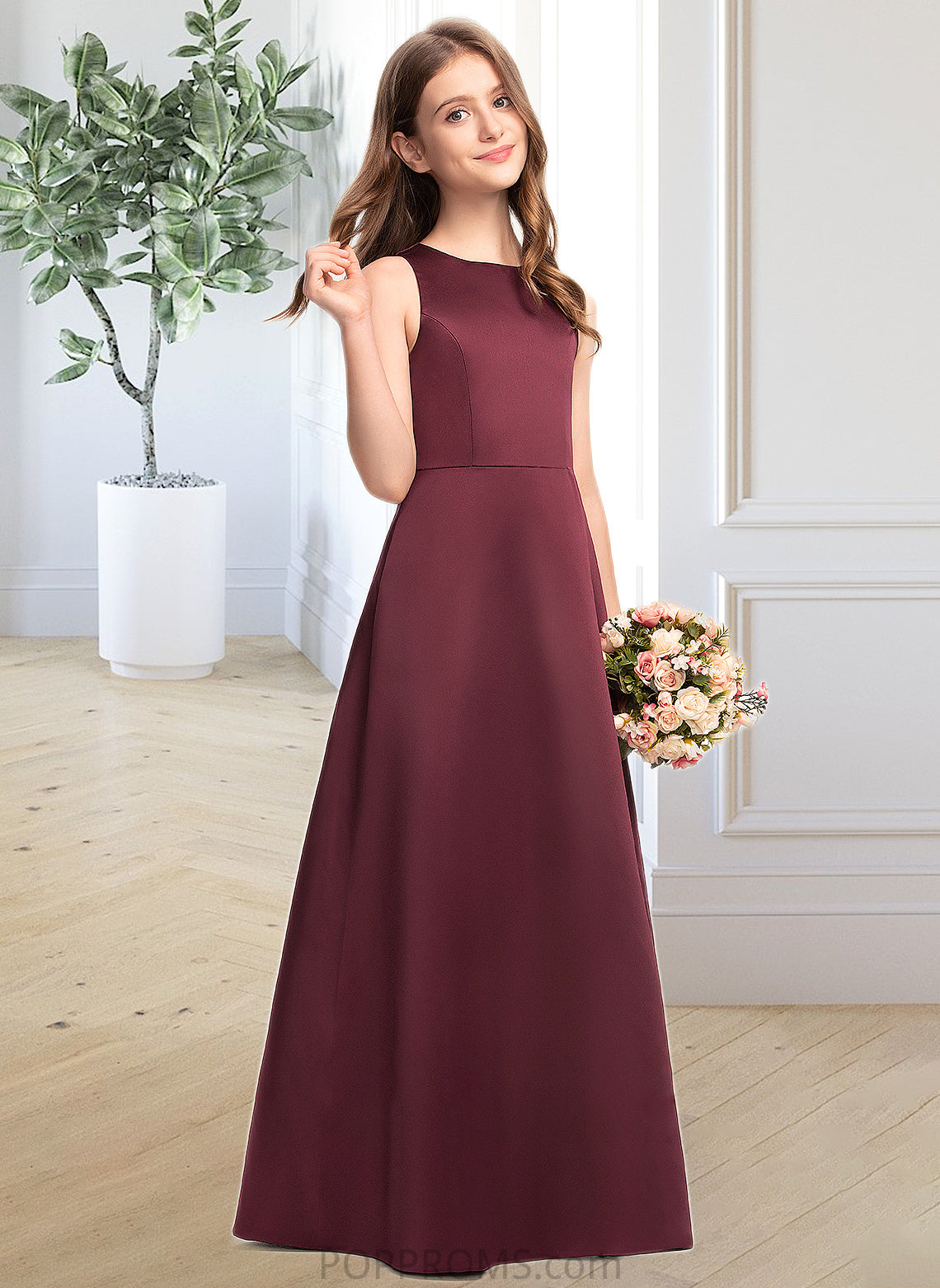 Regan A-Line Scoop Neck Floor-Length Satin Junior Bridesmaid Dress PP6P0013348