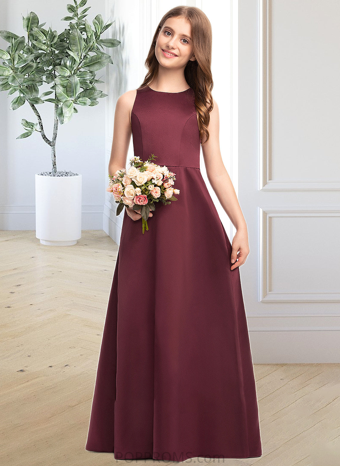 Regan A-Line Scoop Neck Floor-Length Satin Junior Bridesmaid Dress PP6P0013348