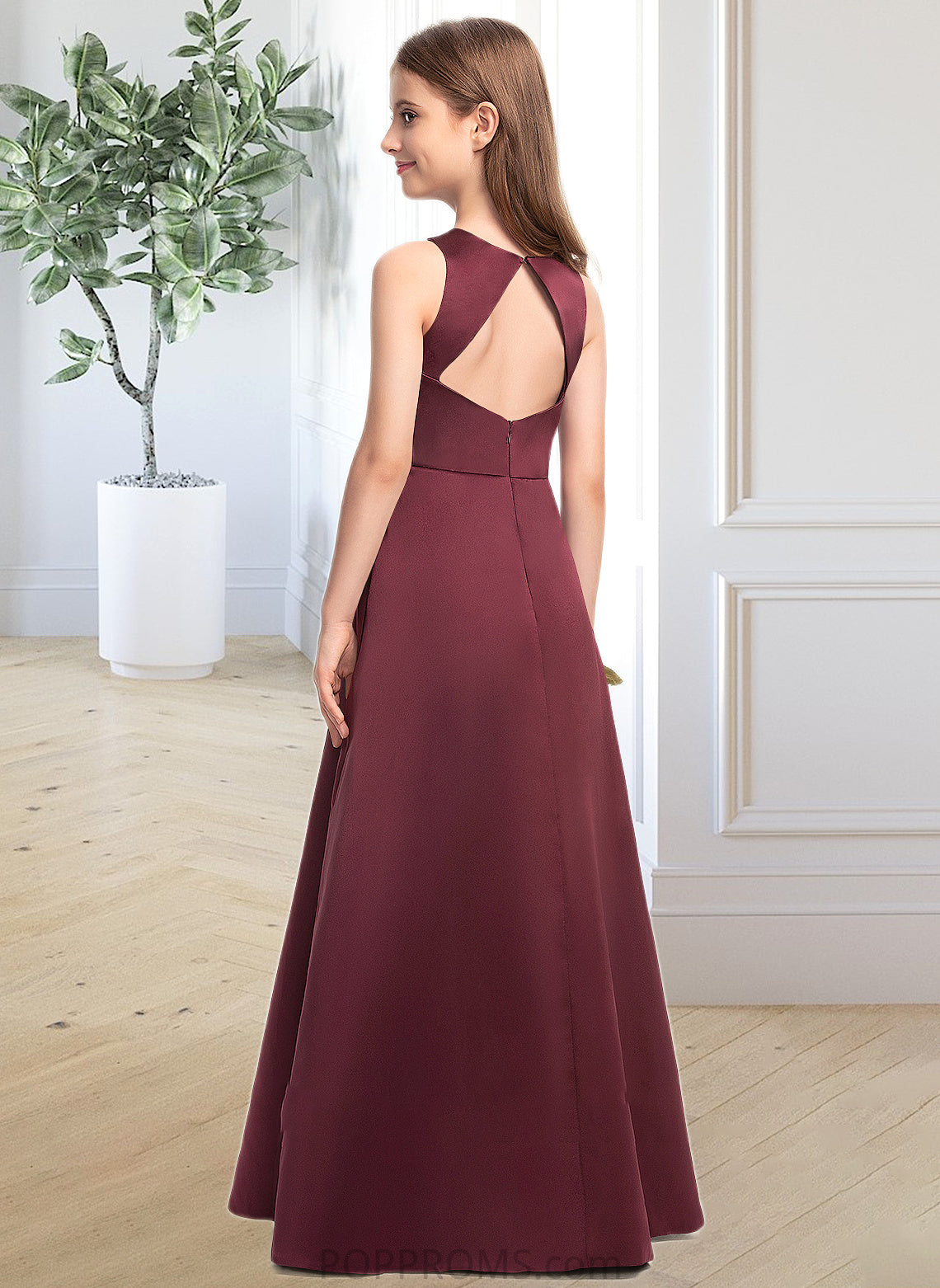 Regan A-Line Scoop Neck Floor-Length Satin Junior Bridesmaid Dress PP6P0013348