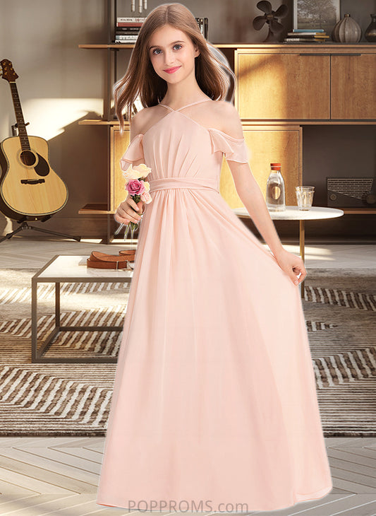 Emelia A-Line V-neck Floor-Length Chiffon Junior Bridesmaid Dress With Ruffle Bow(s) PP6P0013349