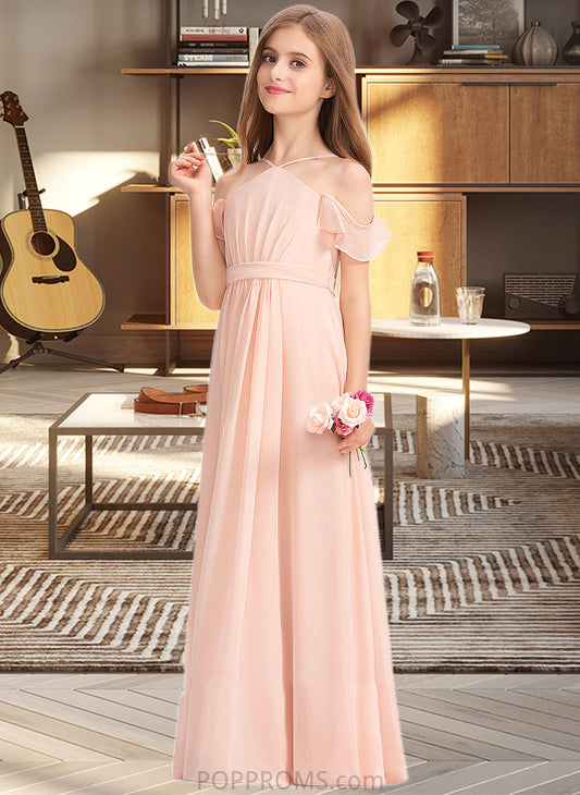 Emelia A-Line V-neck Floor-Length Chiffon Junior Bridesmaid Dress With Ruffle Bow(s) PP6P0013349