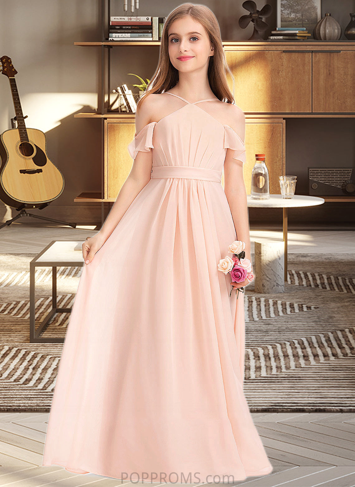 Emelia A-Line V-neck Floor-Length Chiffon Junior Bridesmaid Dress With Ruffle Bow(s) PP6P0013349