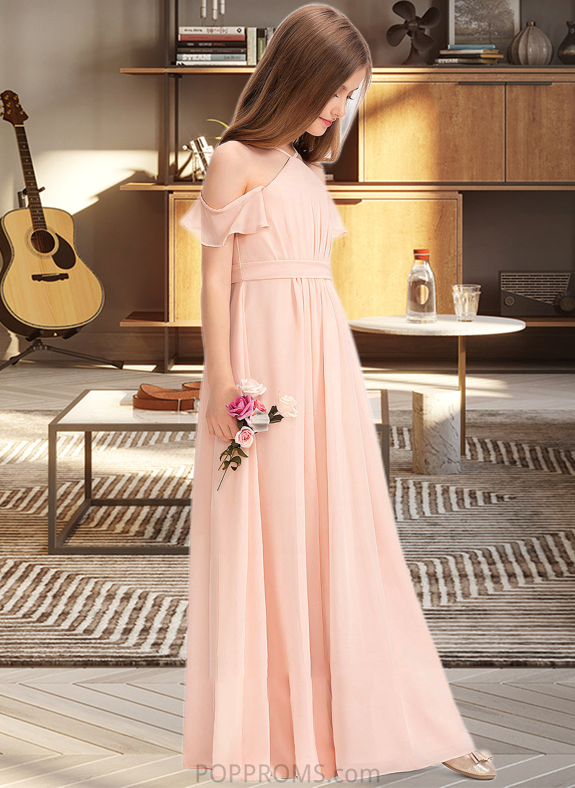 Emelia A-Line V-neck Floor-Length Chiffon Junior Bridesmaid Dress With Ruffle Bow(s) PP6P0013349