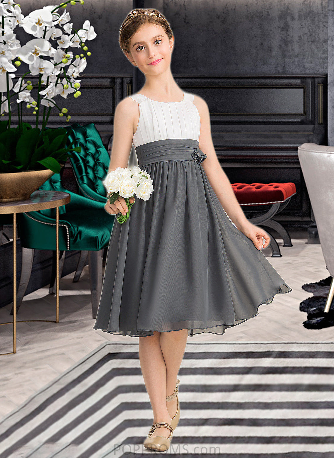 Cornelia A-Line Scoop Neck Knee-Length Chiffon Junior Bridesmaid Dress With Ruffle Flower(s) PP6P0013350