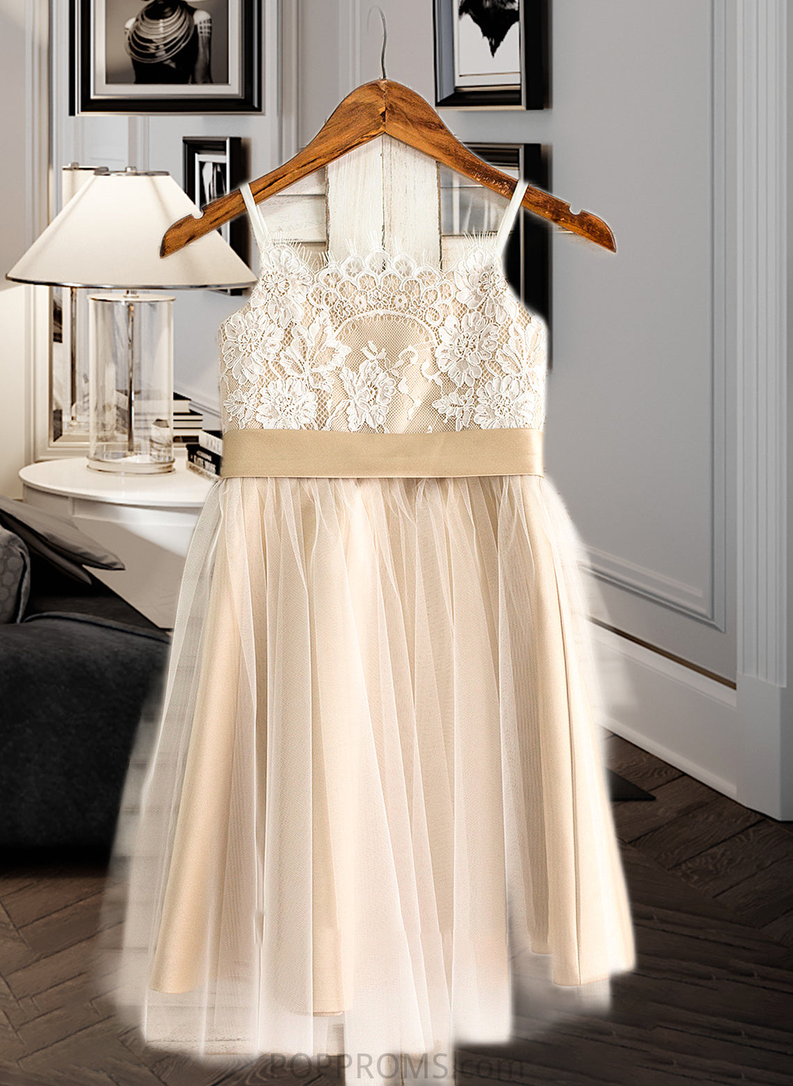 Aiyana A-Line Square Neckline Knee-Length Tulle Junior Bridesmaid Dress With Sash Bow(s) PP6P0013351