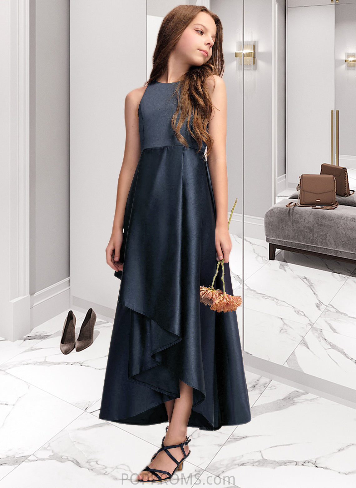 Norah A-Line Scoop Neck Asymmetrical Satin Junior Bridesmaid Dress With Cascading Ruffles PP6P0013352