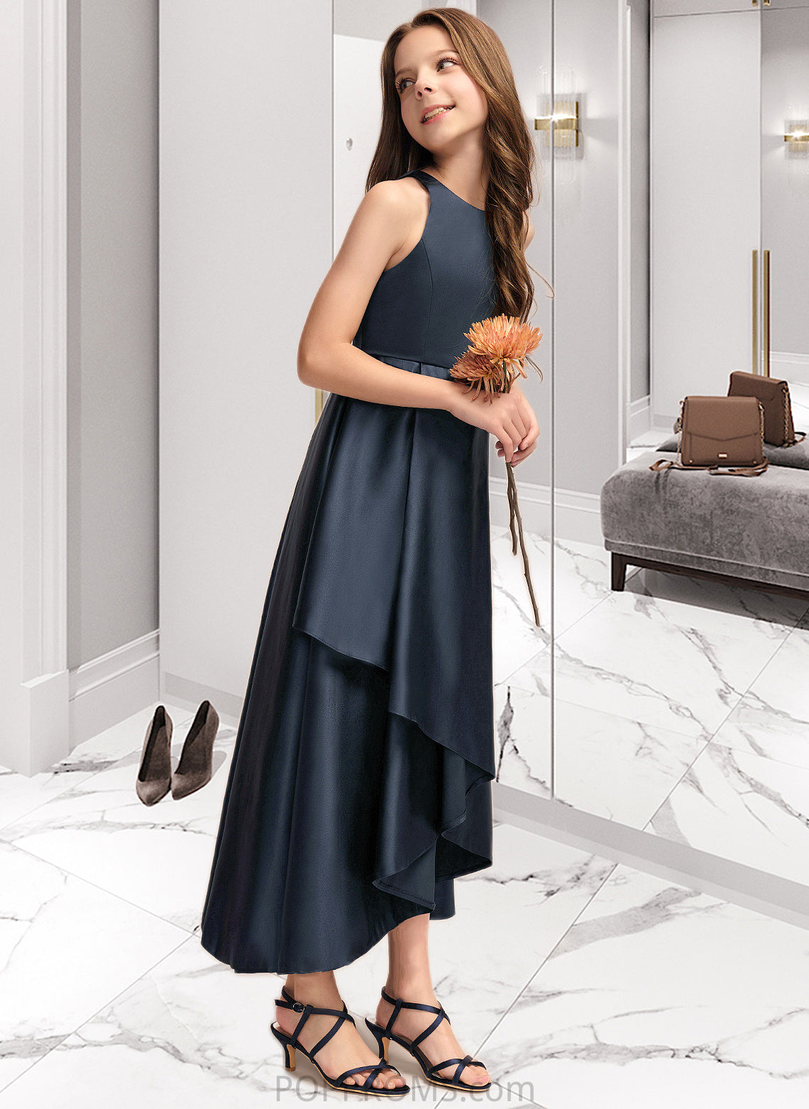 Norah A-Line Scoop Neck Asymmetrical Satin Junior Bridesmaid Dress With Cascading Ruffles PP6P0013352