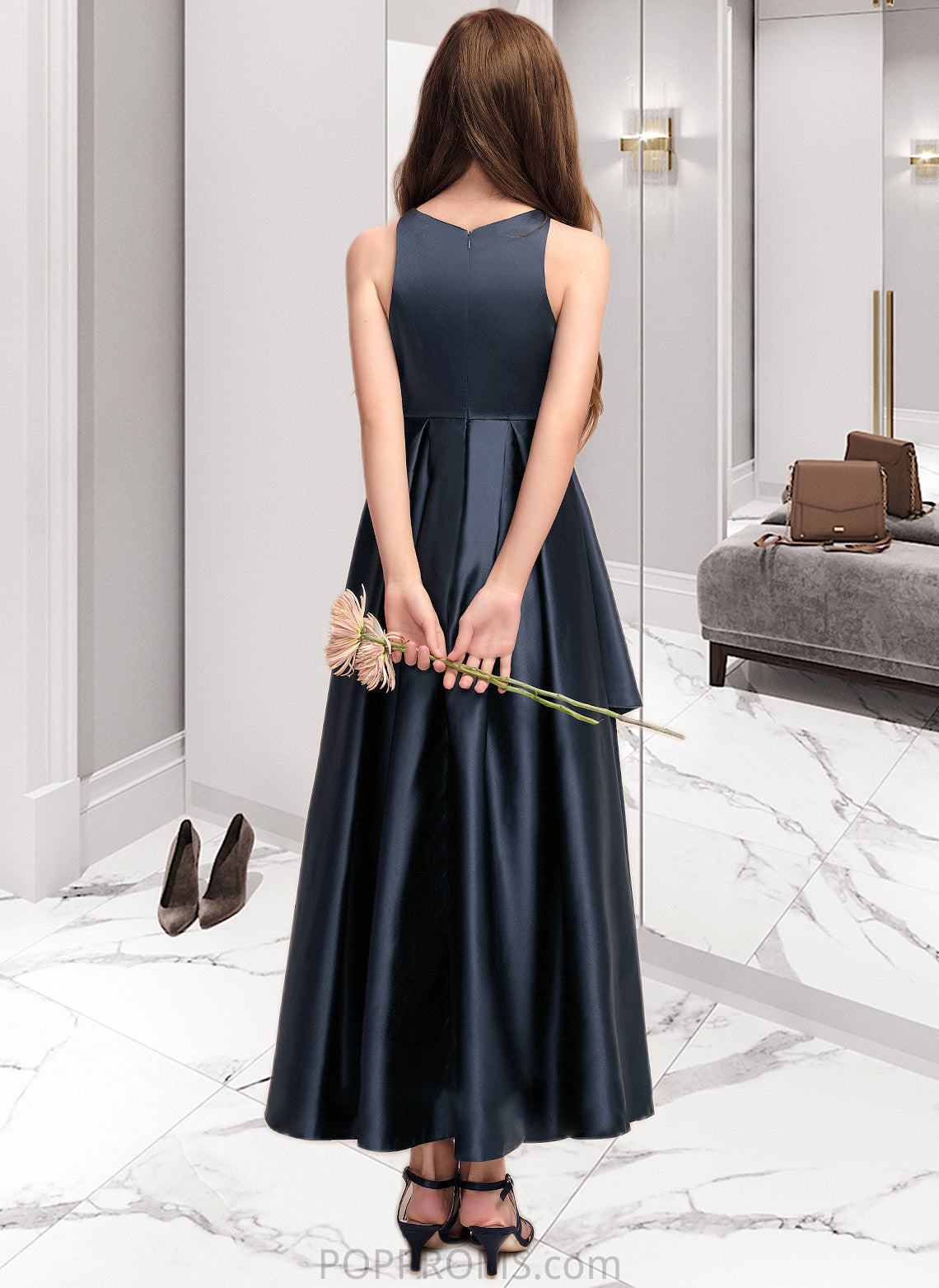 Norah A-Line Scoop Neck Asymmetrical Satin Junior Bridesmaid Dress With Cascading Ruffles PP6P0013352