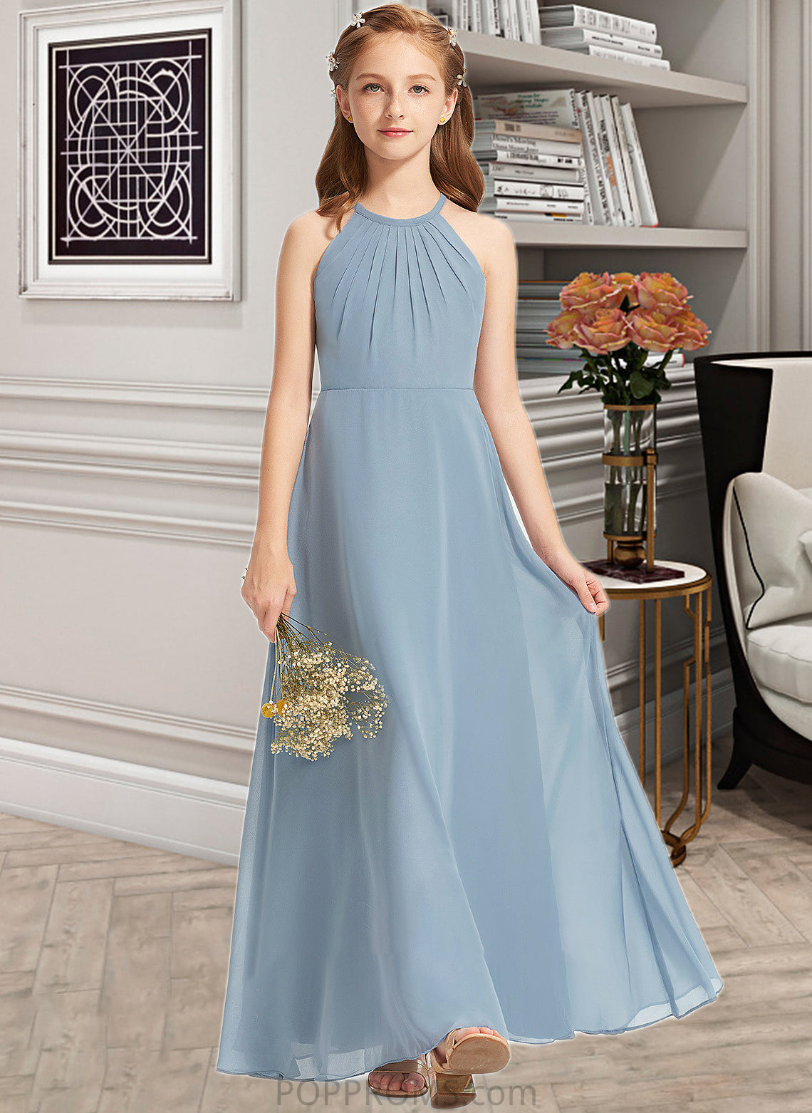 Cierra A-Line Scoop Neck Floor-Length Chiffon Junior Bridesmaid Dress With Ruffle PP6P0013353