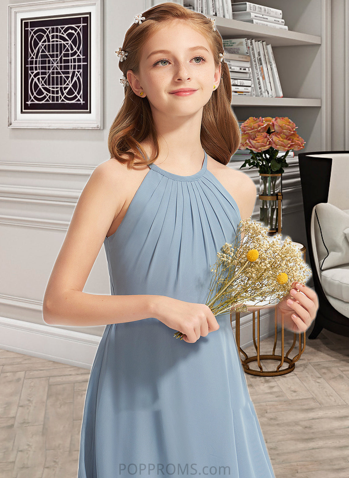 Cierra A-Line Scoop Neck Floor-Length Chiffon Junior Bridesmaid Dress With Ruffle PP6P0013353