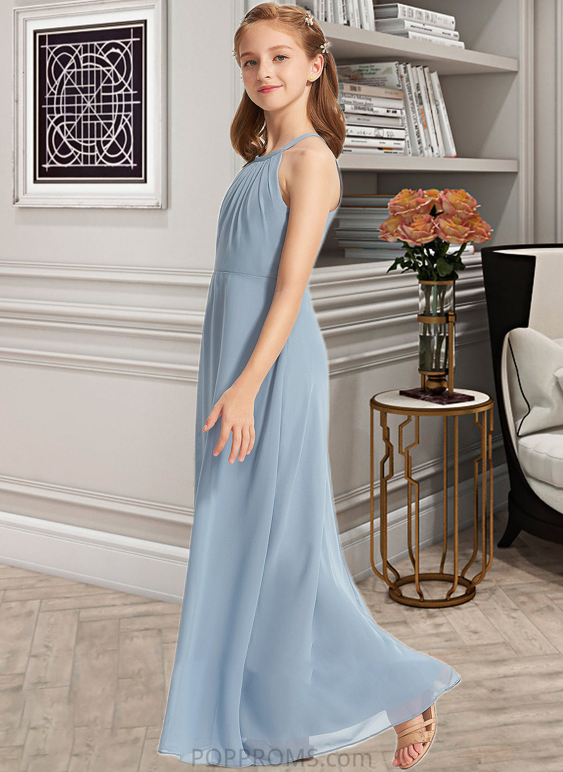 Cierra A-Line Scoop Neck Floor-Length Chiffon Junior Bridesmaid Dress With Ruffle PP6P0013353