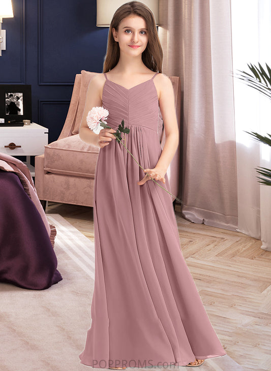 Yoselin A-Line V-neck Floor-Length Chiffon Junior Bridesmaid Dress With Ruffle PP6P0013354