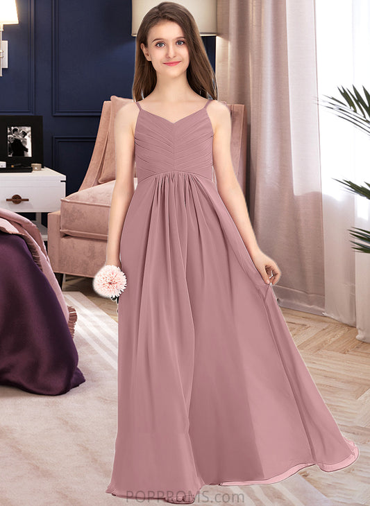 Yoselin A-Line V-neck Floor-Length Chiffon Junior Bridesmaid Dress With Ruffle PP6P0013354