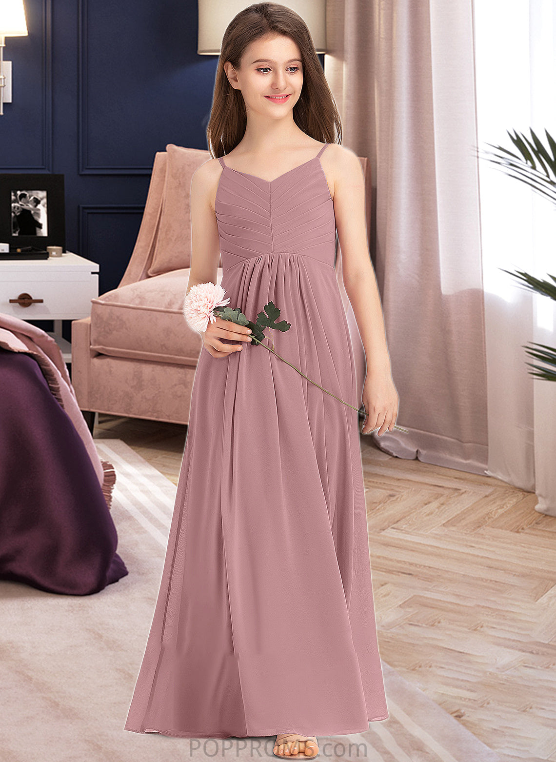 Yoselin A-Line V-neck Floor-Length Chiffon Junior Bridesmaid Dress With Ruffle PP6P0013354