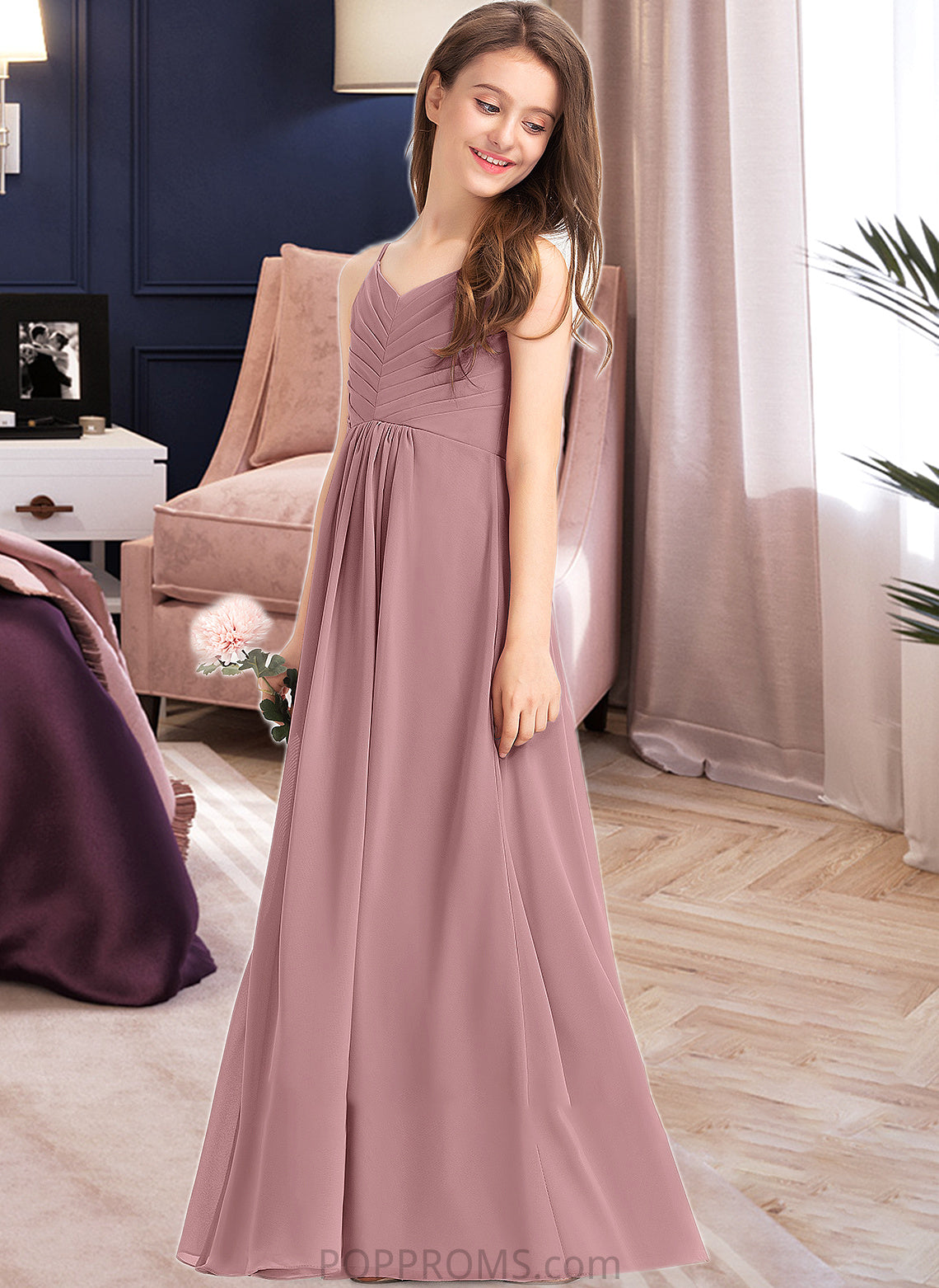 Yoselin A-Line V-neck Floor-Length Chiffon Junior Bridesmaid Dress With Ruffle PP6P0013354