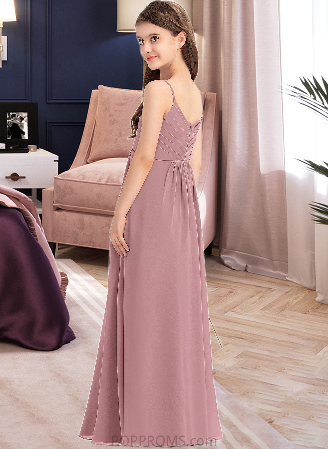 Yoselin A-Line V-neck Floor-Length Chiffon Junior Bridesmaid Dress With Ruffle PP6P0013354