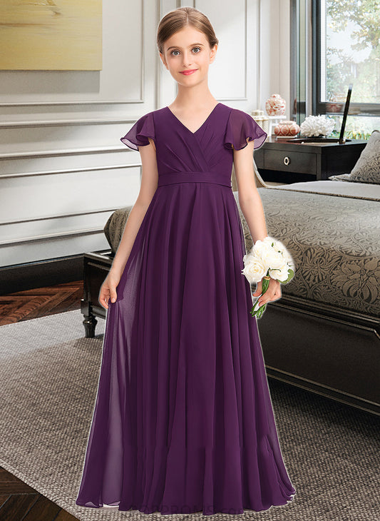 Patricia A-Line V-neck Floor-Length Chiffon Junior Bridesmaid Dress With Bow(s) Cascading Ruffles PP6P0013355