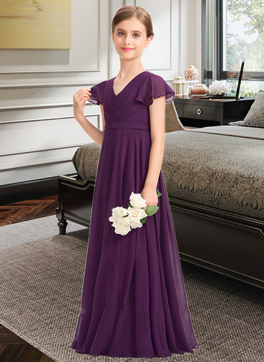 Patricia A-Line V-neck Floor-Length Chiffon Junior Bridesmaid Dress With Bow(s) Cascading Ruffles PP6P0013355