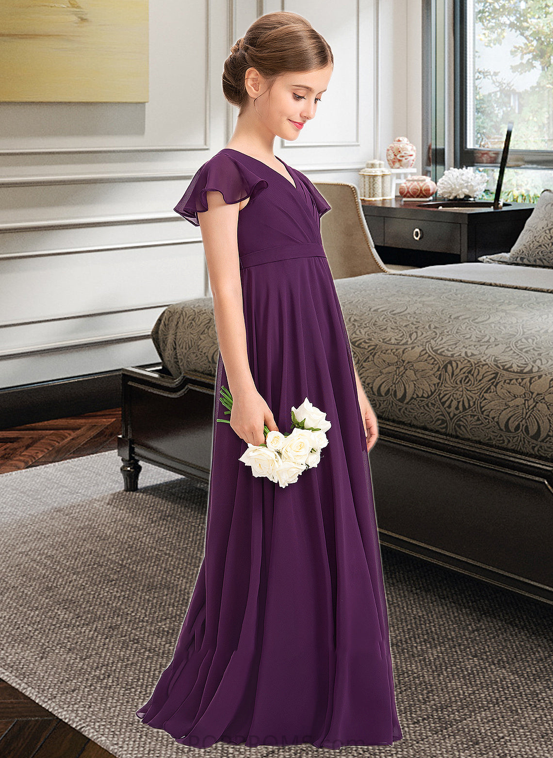 Patricia A-Line V-neck Floor-Length Chiffon Junior Bridesmaid Dress With Bow(s) Cascading Ruffles PP6P0013355