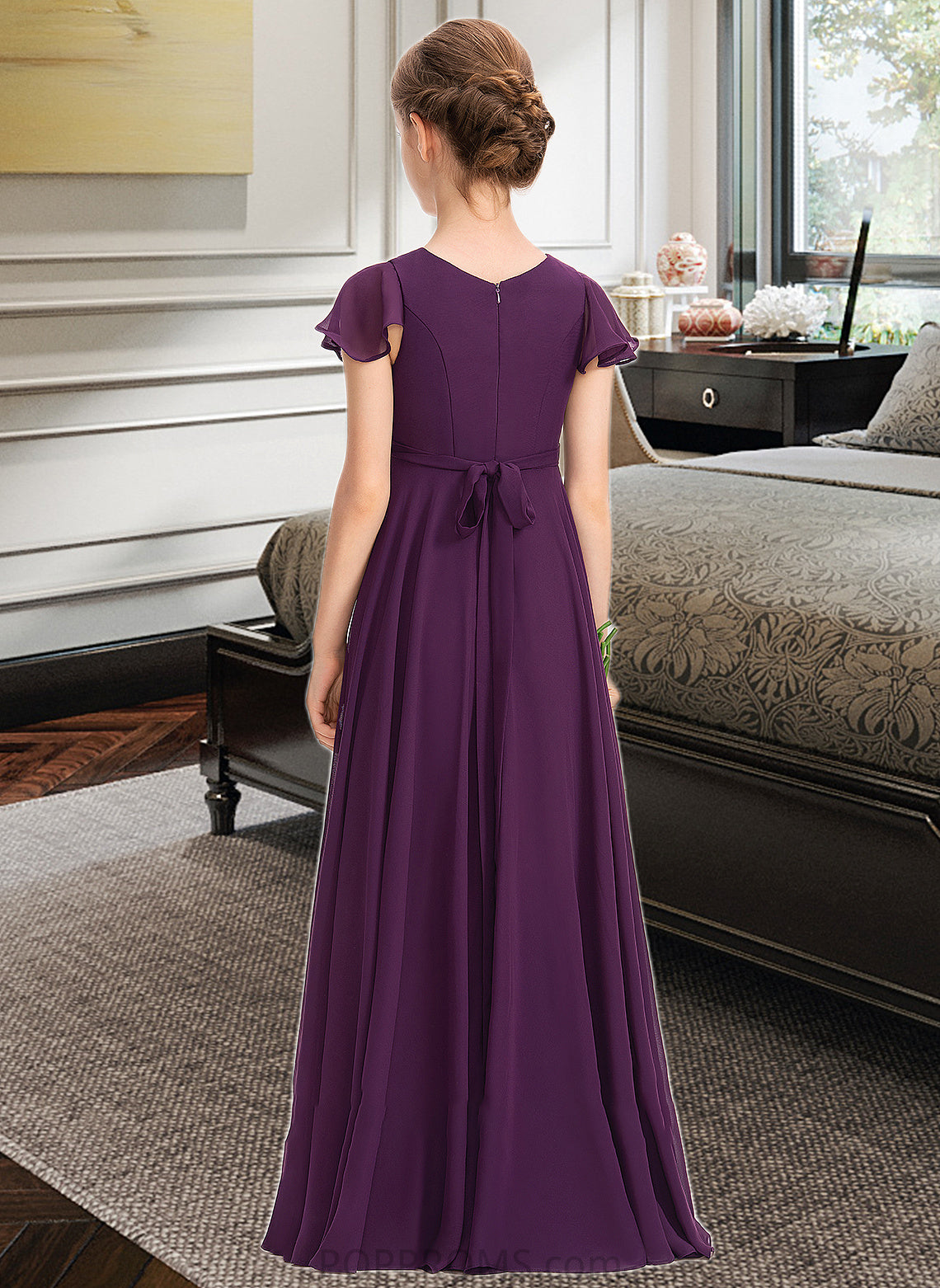 Patricia A-Line V-neck Floor-Length Chiffon Junior Bridesmaid Dress With Bow(s) Cascading Ruffles PP6P0013355