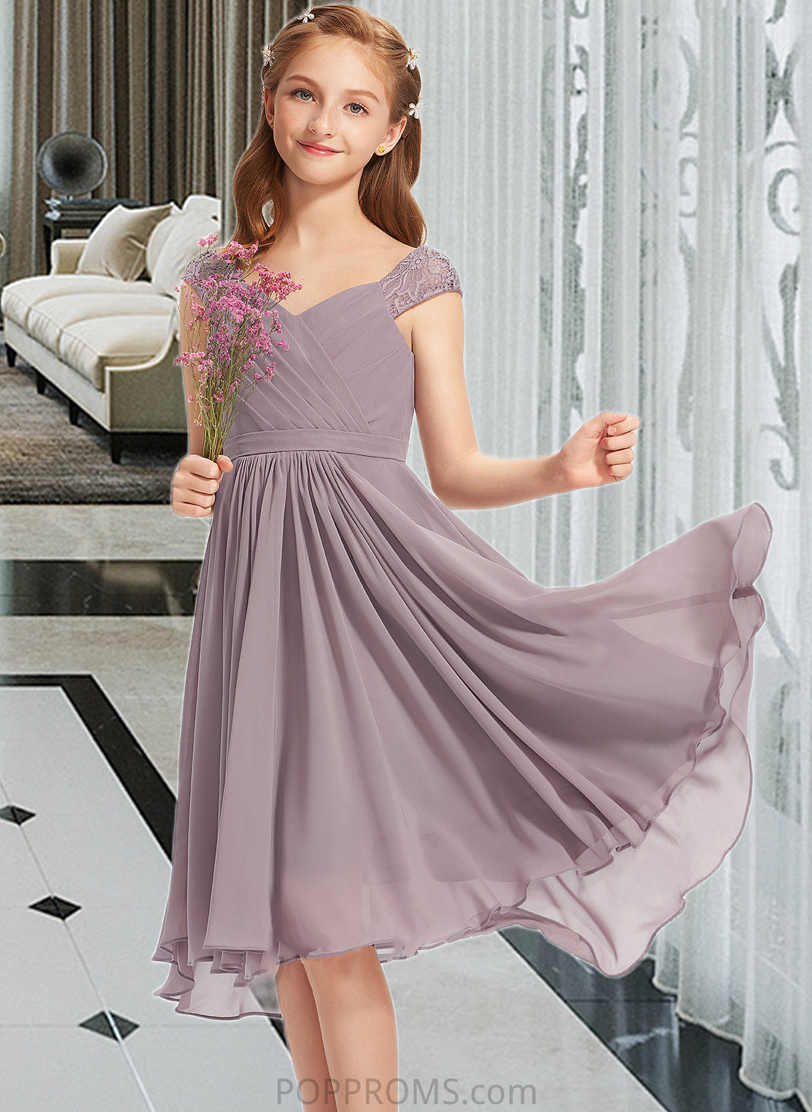 Yesenia A-Line V-neck Knee-Length Chiffon Lace Junior Bridesmaid Dress With Ruffle PP6P0013358