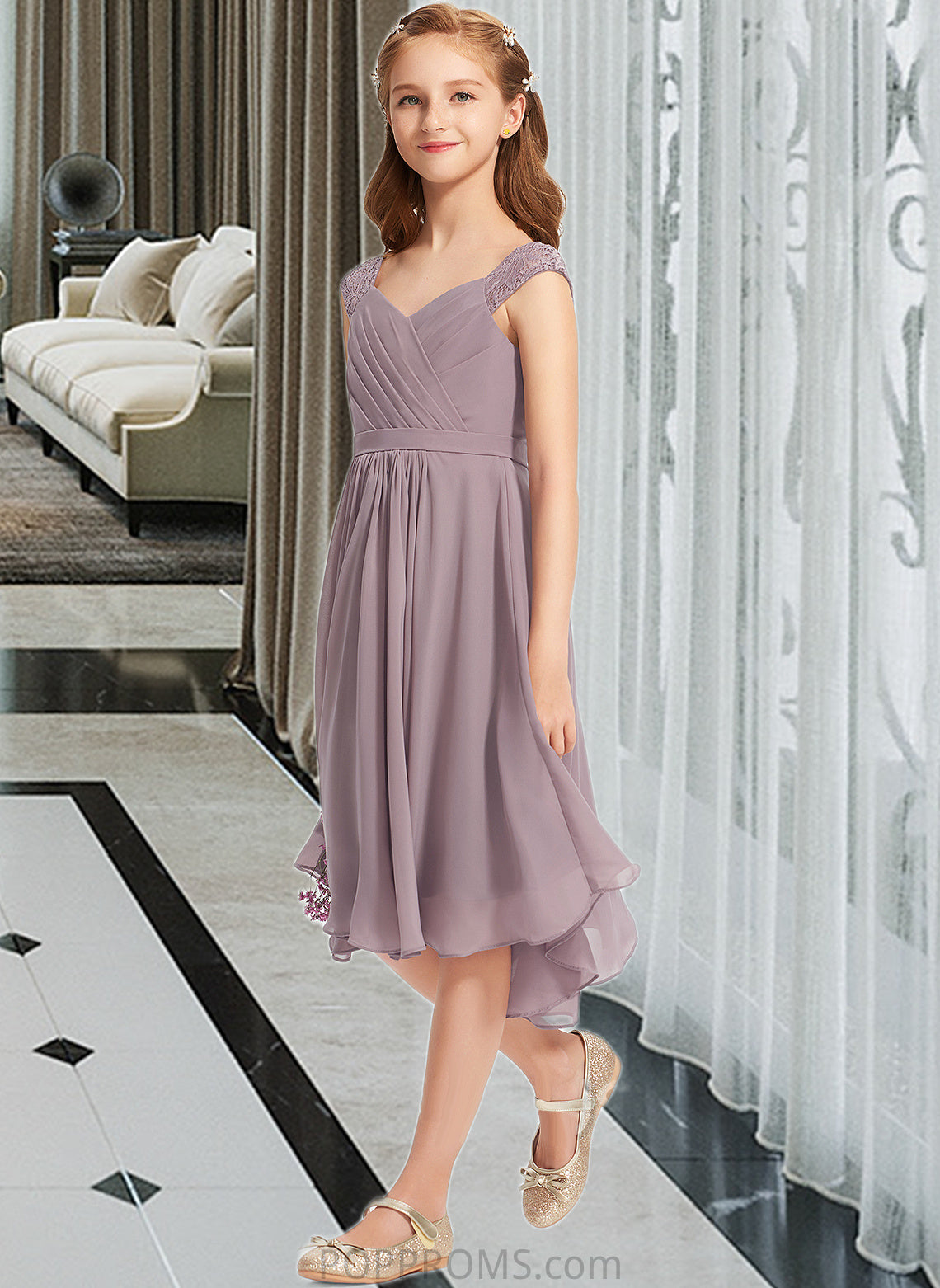 Yesenia A-Line V-neck Knee-Length Chiffon Lace Junior Bridesmaid Dress With Ruffle PP6P0013358