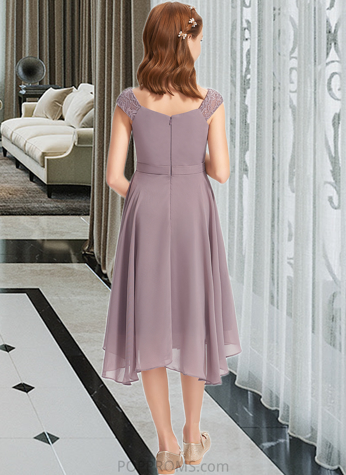 Yesenia A-Line V-neck Knee-Length Chiffon Lace Junior Bridesmaid Dress With Ruffle PP6P0013358