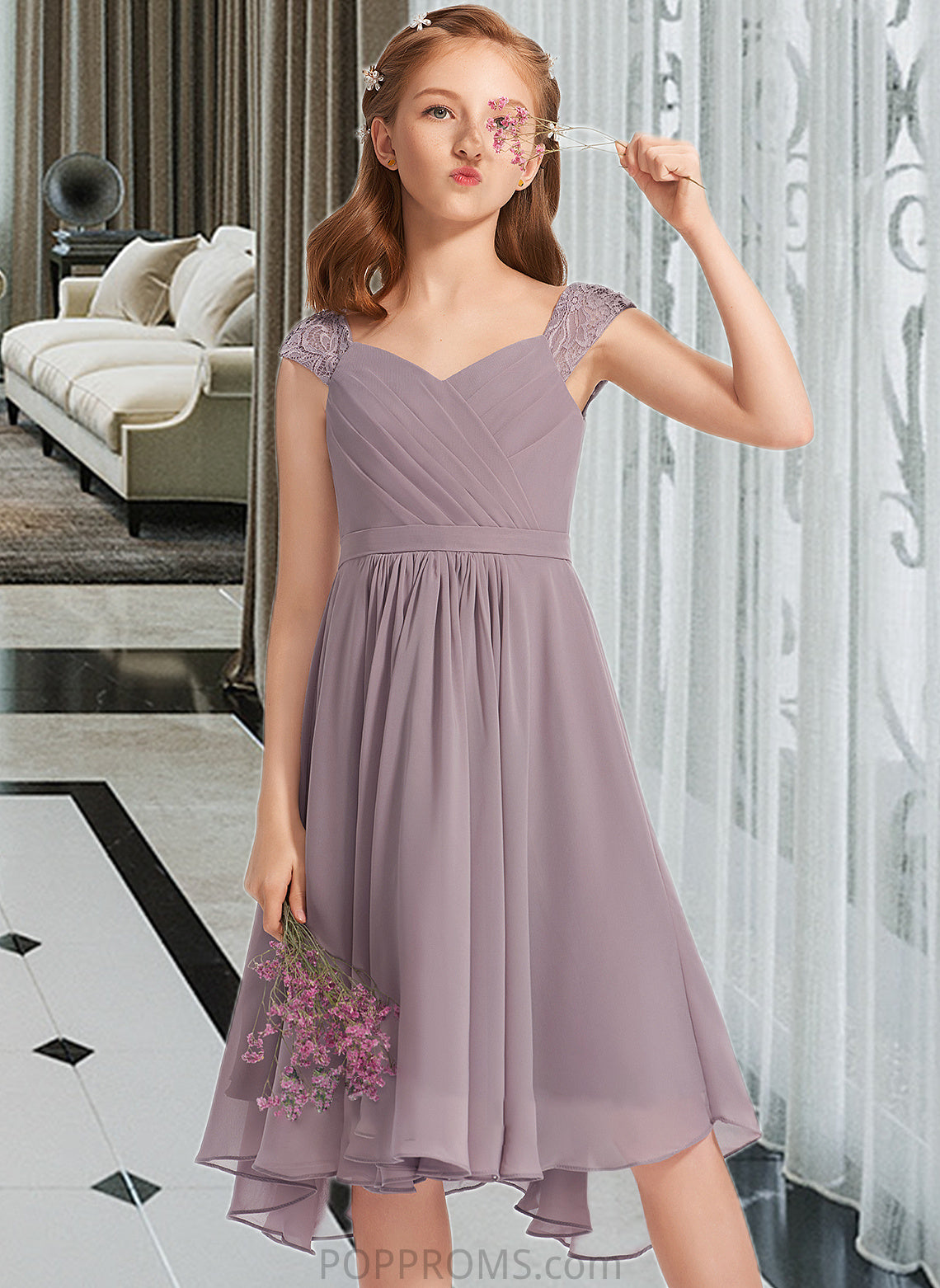 Yesenia A-Line V-neck Knee-Length Chiffon Lace Junior Bridesmaid Dress With Ruffle PP6P0013358