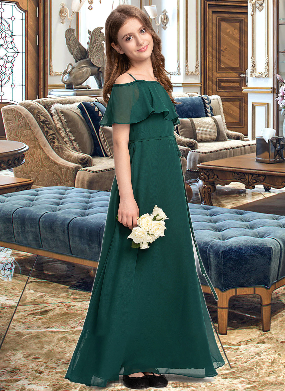 Ellen A-Line Off-the-Shoulder Floor-Length Chiffon Junior Bridesmaid Dress With Bow(s) PP6P0013359