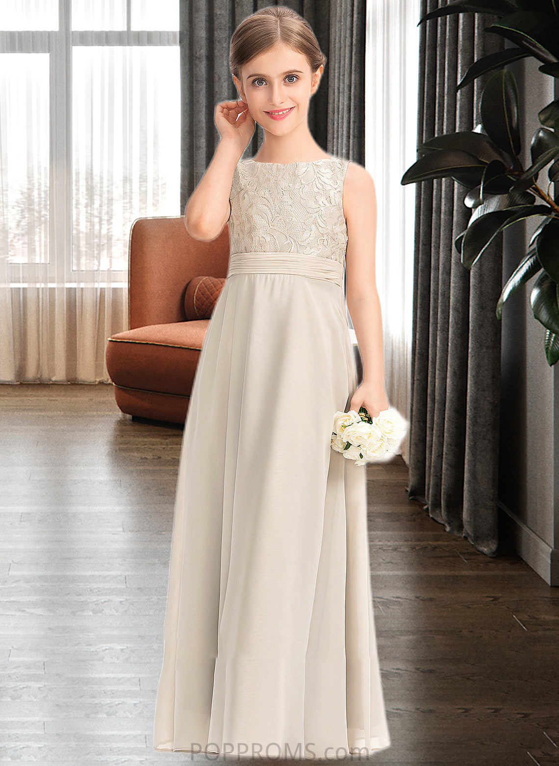 Elyse A-Line Scoop Neck Floor-Length Chiffon Lace Junior Bridesmaid Dress With Ruffle PP6P0013360