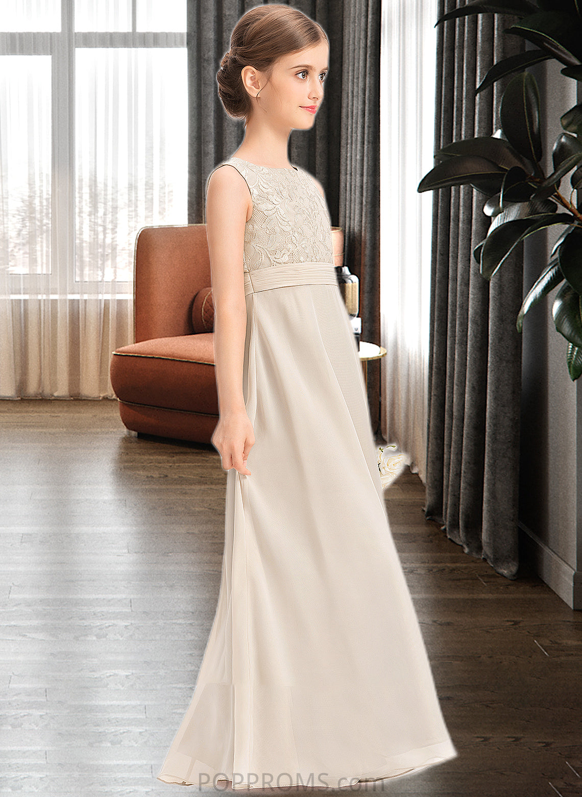 Elyse A-Line Scoop Neck Floor-Length Chiffon Lace Junior Bridesmaid Dress With Ruffle PP6P0013360