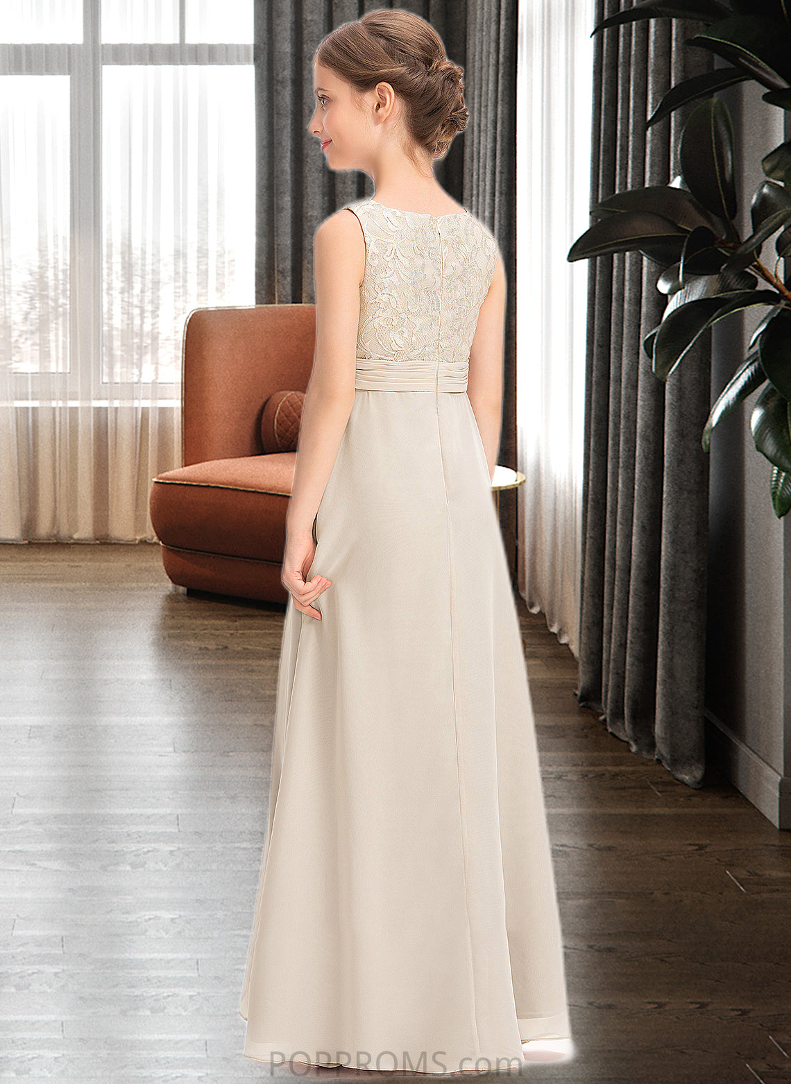 Elyse A-Line Scoop Neck Floor-Length Chiffon Lace Junior Bridesmaid Dress With Ruffle PP6P0013360