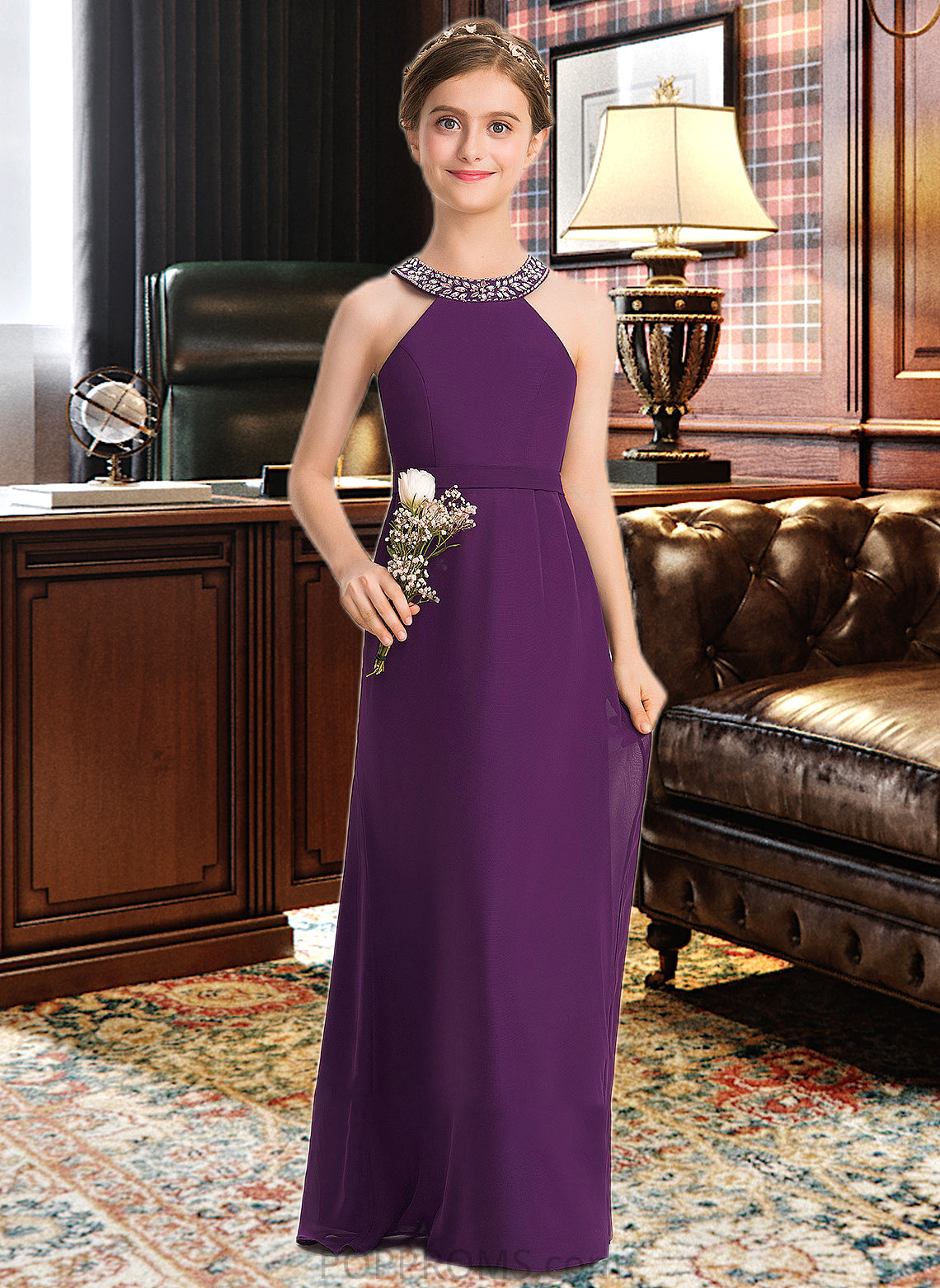 Ryann A-Line Scoop Neck Floor-Length Chiffon Junior Bridesmaid Dress With Beading Bow(s) PP6P0013361