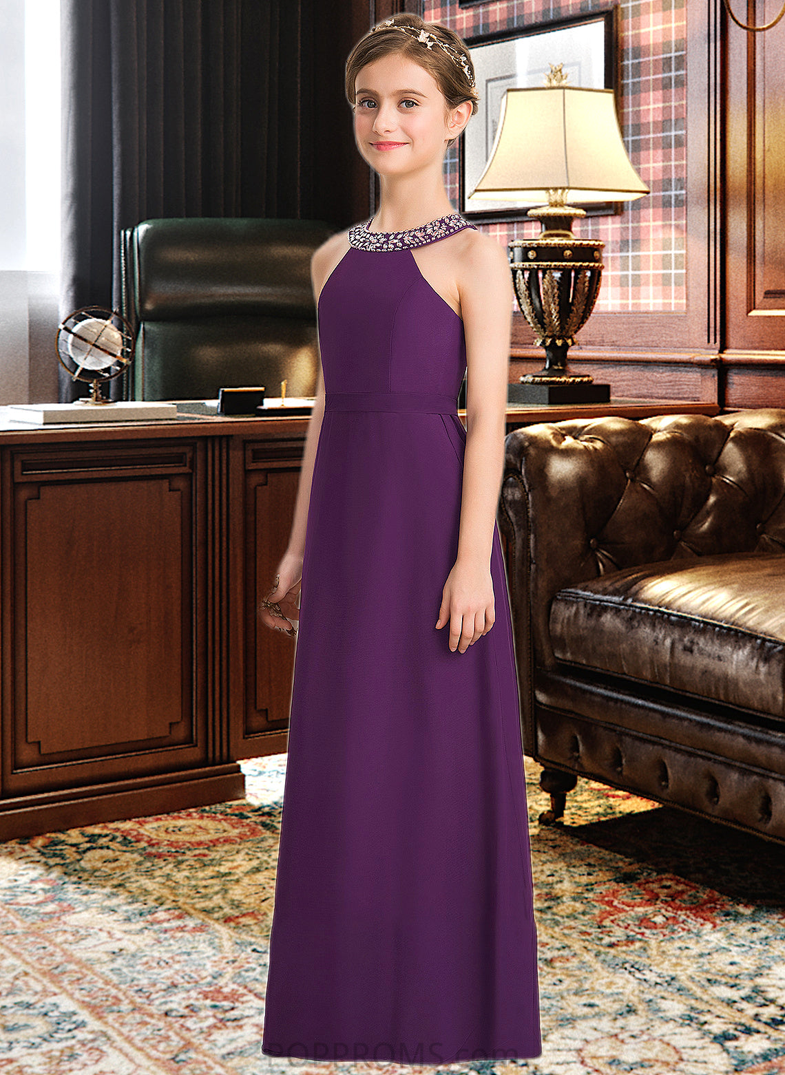 Ryann A-Line Scoop Neck Floor-Length Chiffon Junior Bridesmaid Dress With Beading Bow(s) PP6P0013361