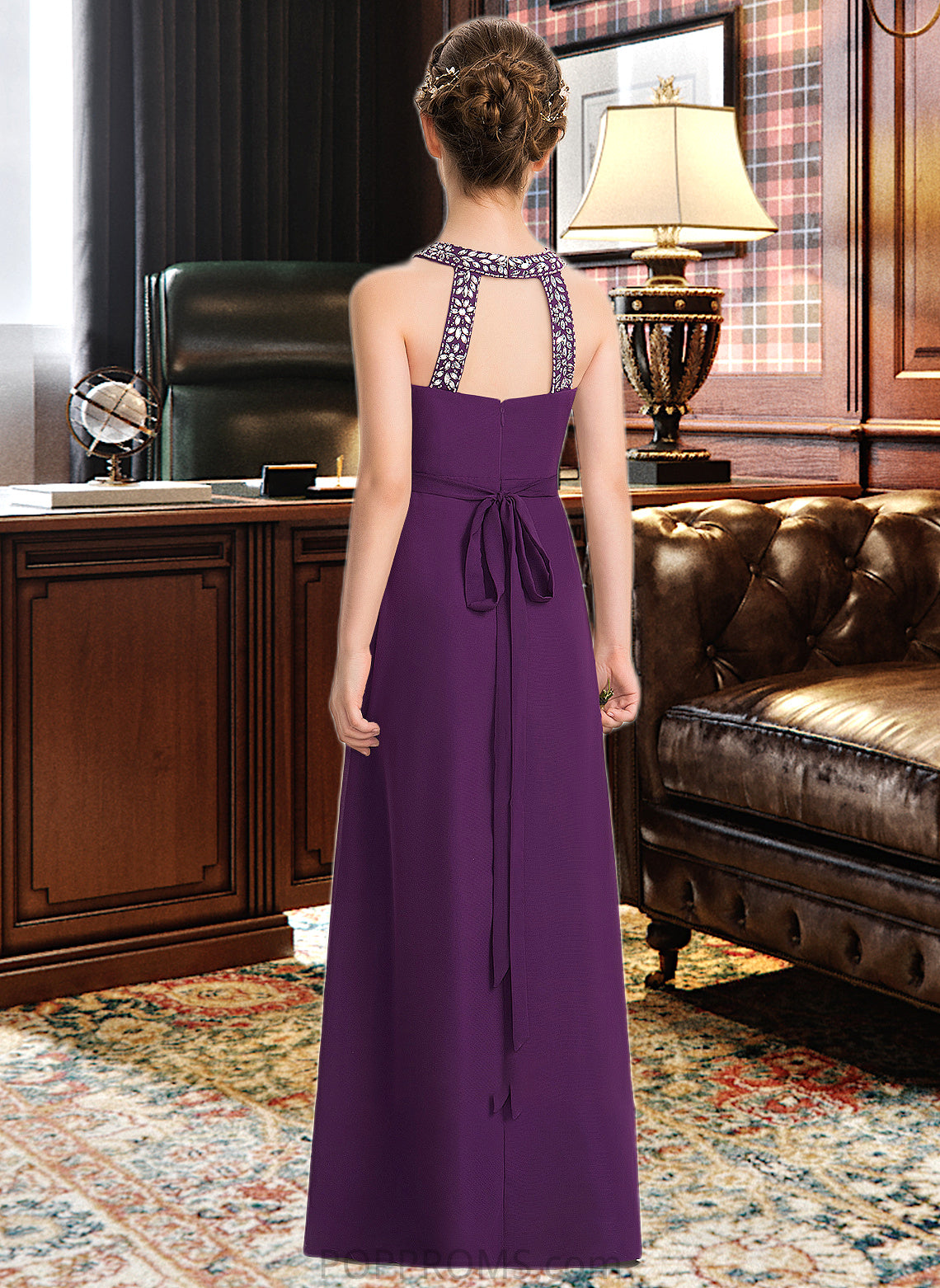 Ryann A-Line Scoop Neck Floor-Length Chiffon Junior Bridesmaid Dress With Beading Bow(s) PP6P0013361