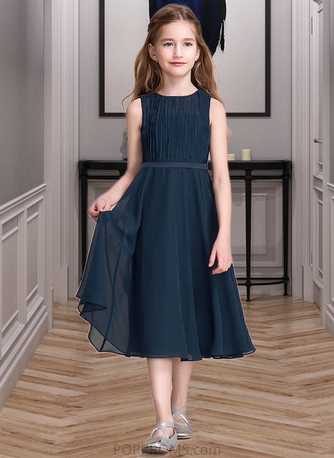 Frances A-Line Scoop Neck Tea-Length Chiffon Junior Bridesmaid Dress With Ruffle PP6P0013362