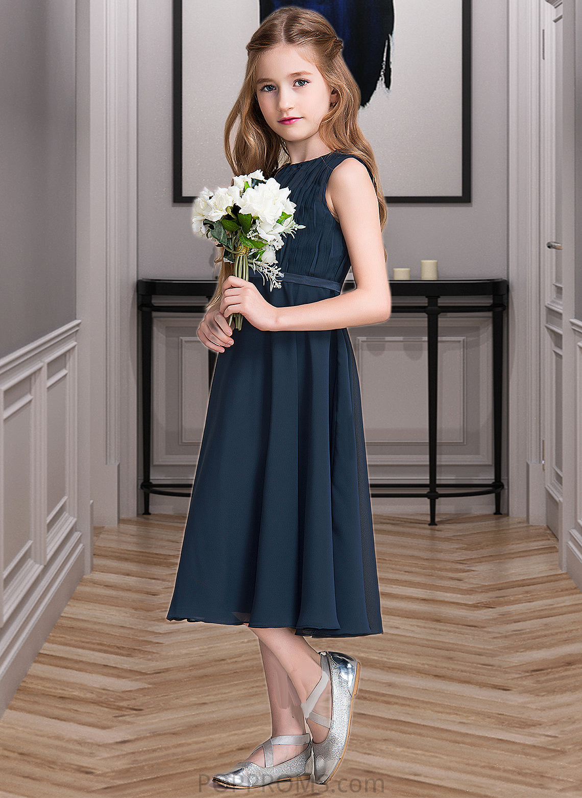 Frances A-Line Scoop Neck Tea-Length Chiffon Junior Bridesmaid Dress With Ruffle PP6P0013362