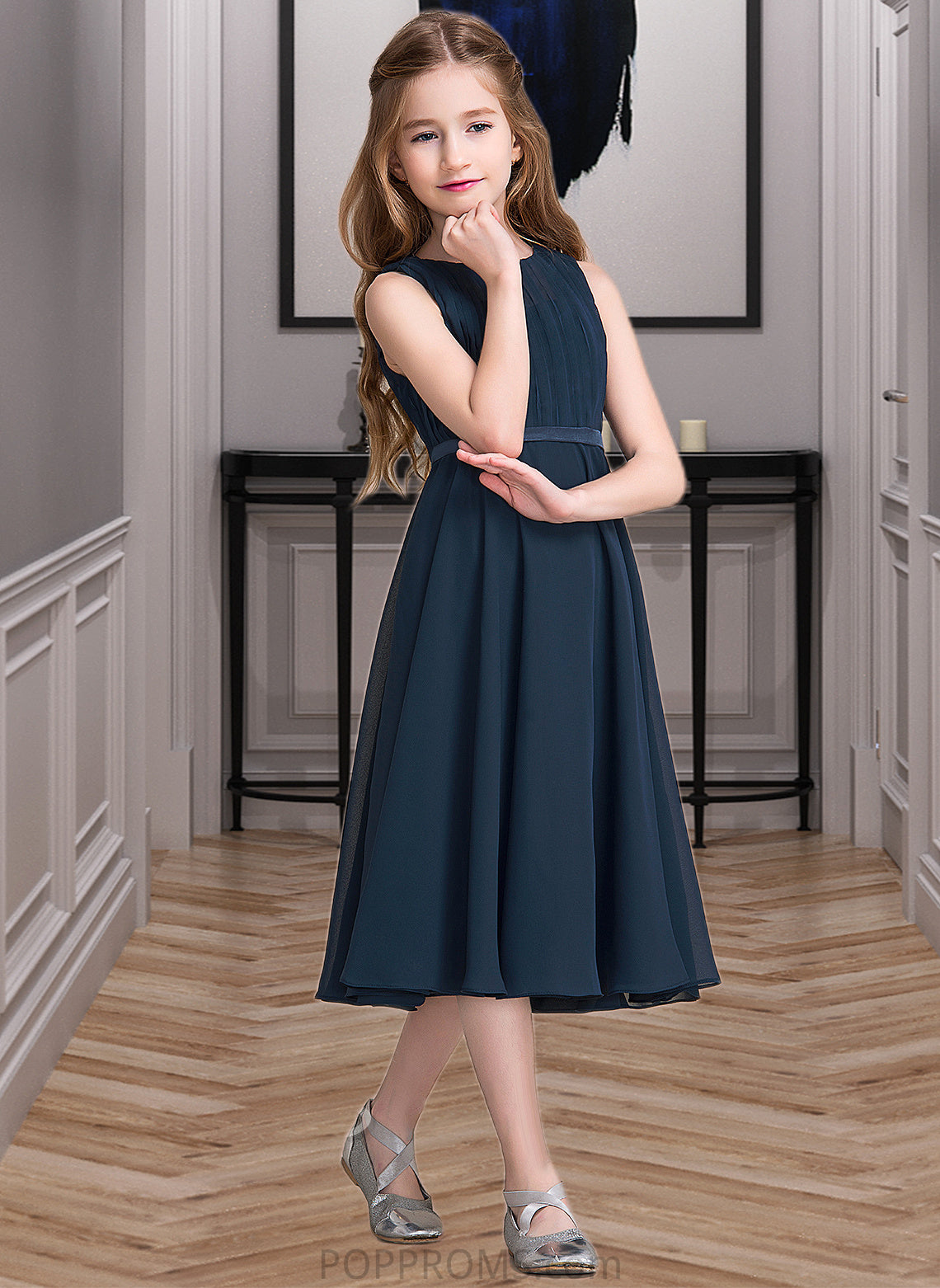 Frances A-Line Scoop Neck Tea-Length Chiffon Junior Bridesmaid Dress With Ruffle PP6P0013362