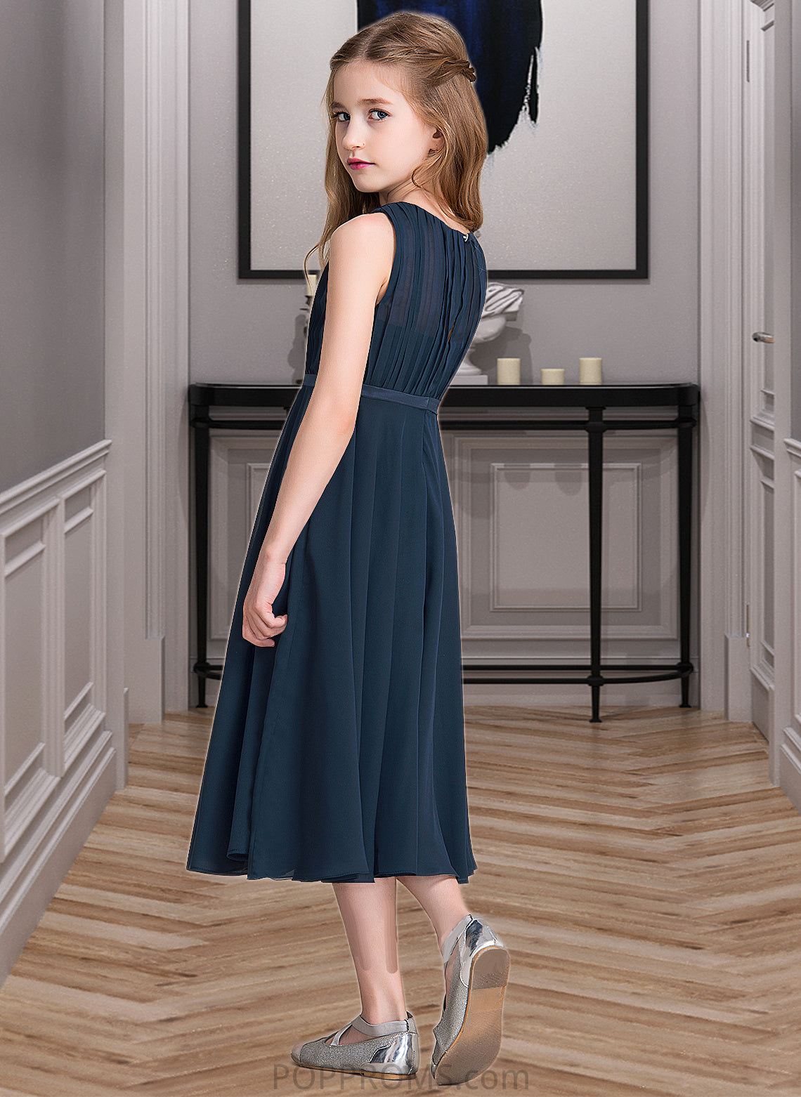 Frances A-Line Scoop Neck Tea-Length Chiffon Junior Bridesmaid Dress With Ruffle PP6P0013362