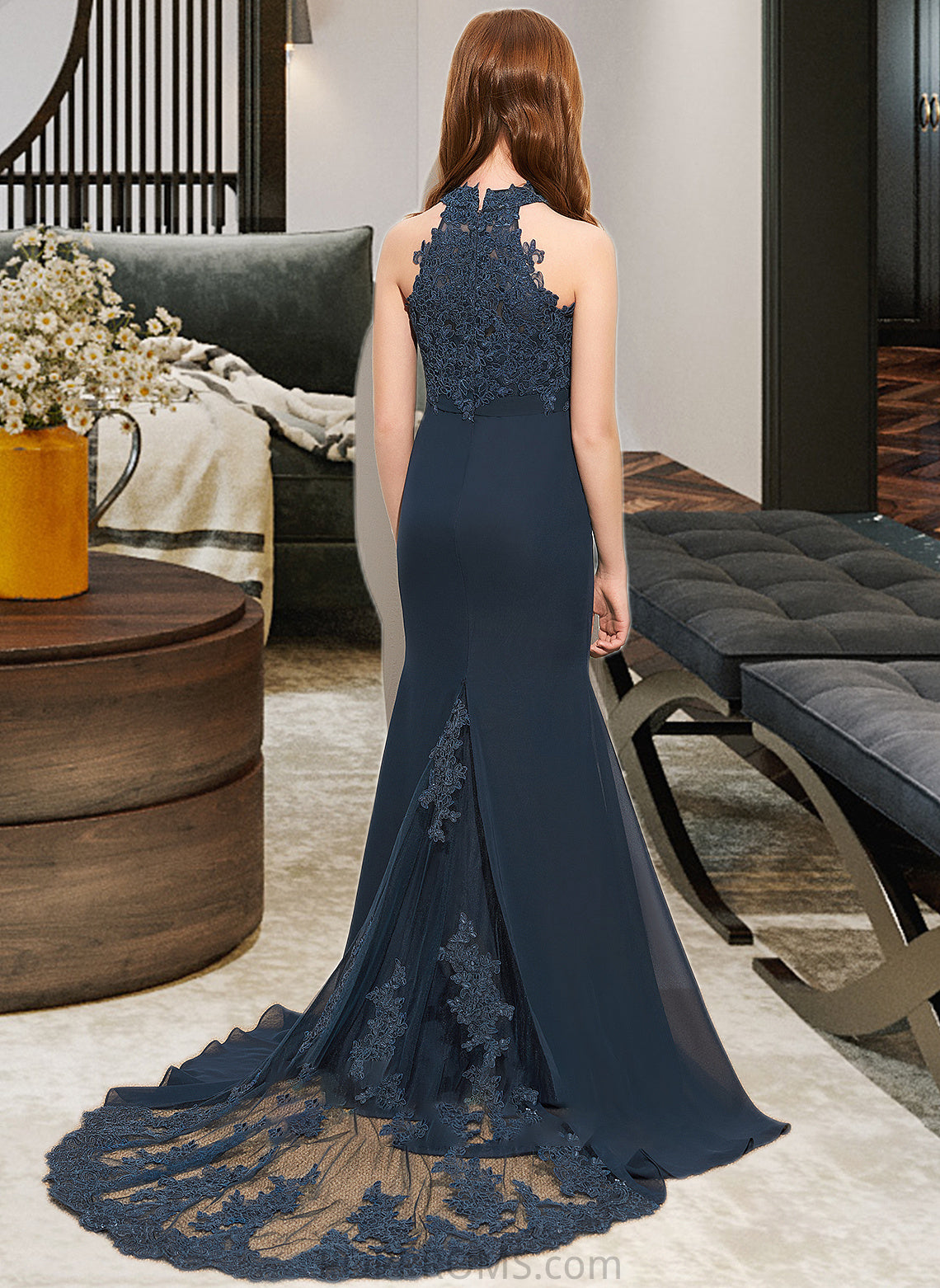 Regina Trumpet/Mermaid Scoop Neck Sweep Train Chiffon Lace Junior Bridesmaid Dress PP6P0013364