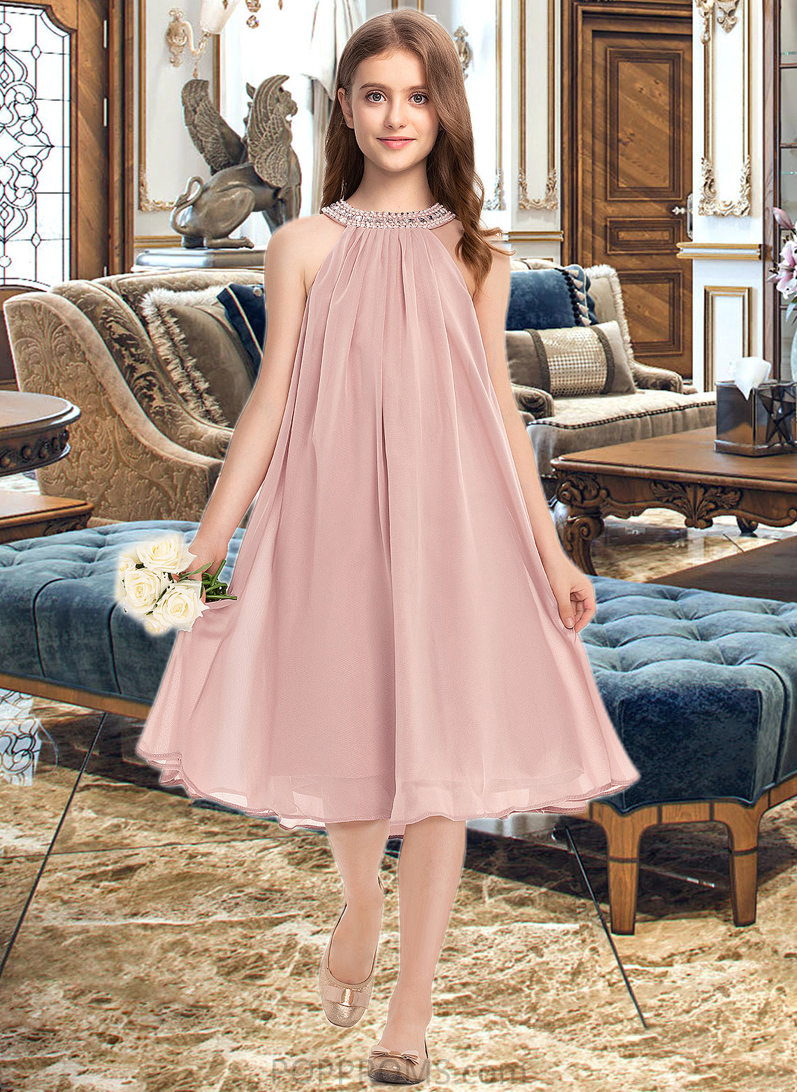 Shayna A-Line Scoop Neck Knee-Length Chiffon Junior Bridesmaid Dress With Beading Sequins PP6P0013365