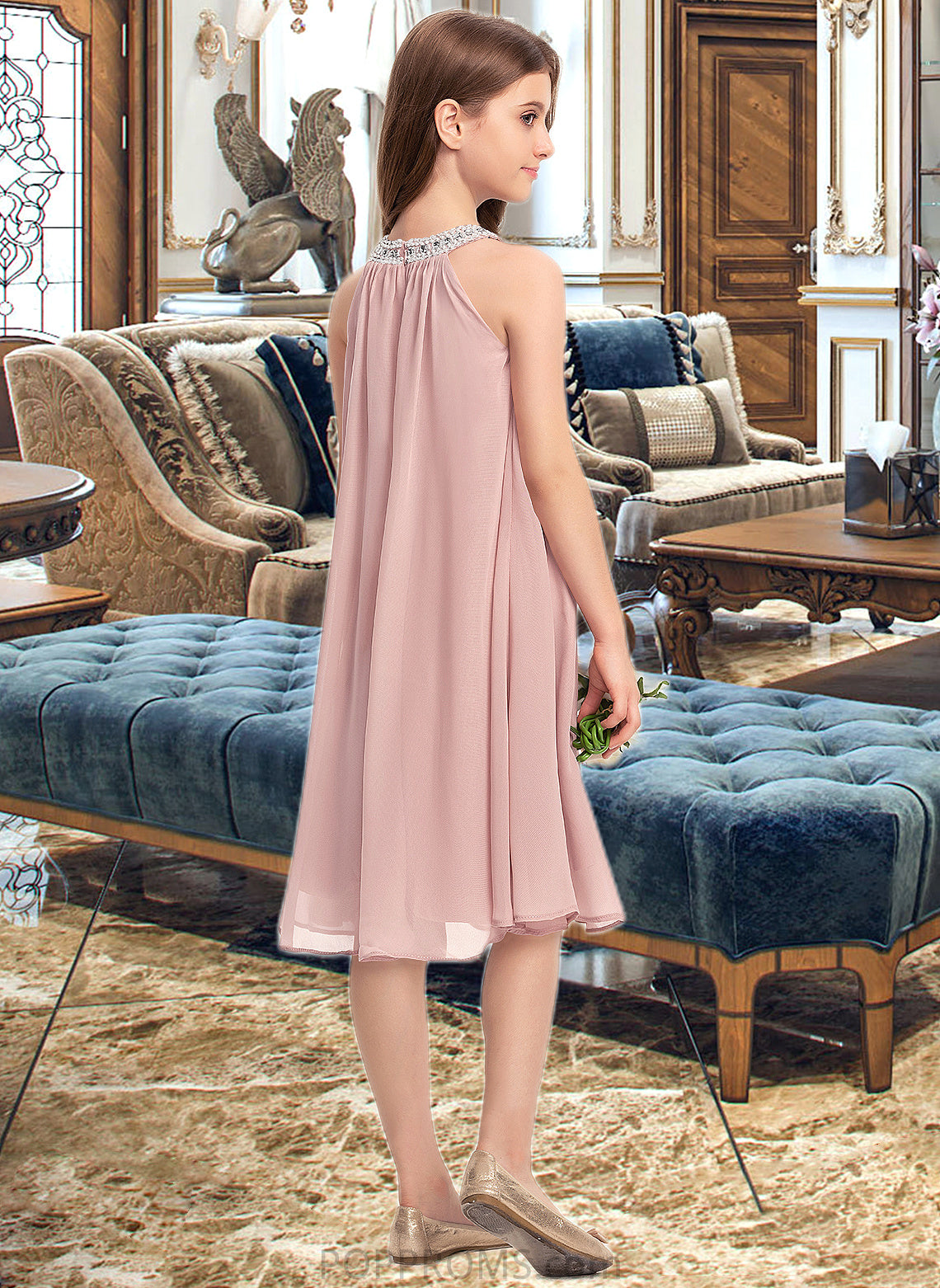 Shayna A-Line Scoop Neck Knee-Length Chiffon Junior Bridesmaid Dress With Beading Sequins PP6P0013365