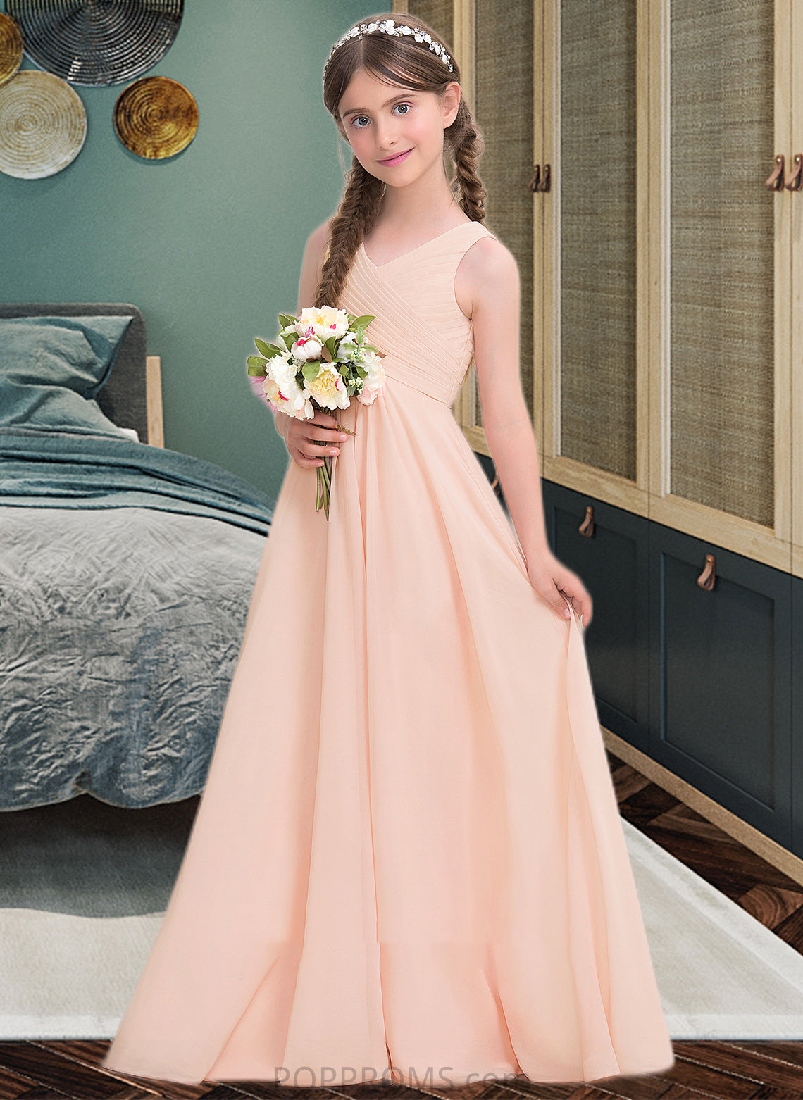 Lauryn A-Line V-neck Floor-Length Chiffon Junior Bridesmaid Dress With Ruffle PP6P0013368