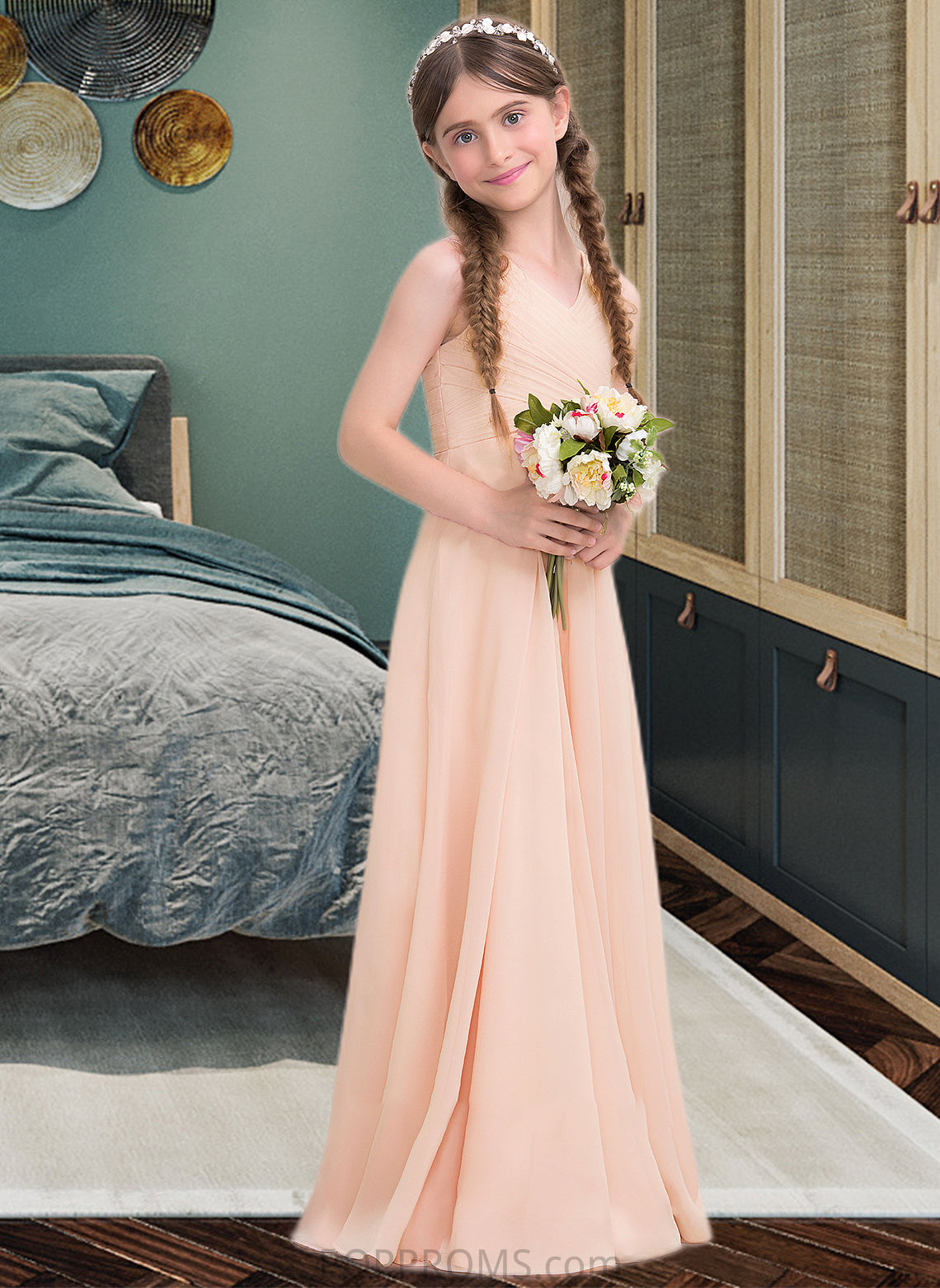 Lauryn A-Line V-neck Floor-Length Chiffon Junior Bridesmaid Dress With Ruffle PP6P0013368