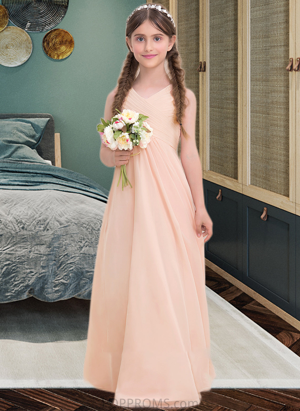 Lauryn A-Line V-neck Floor-Length Chiffon Junior Bridesmaid Dress With Ruffle PP6P0013368