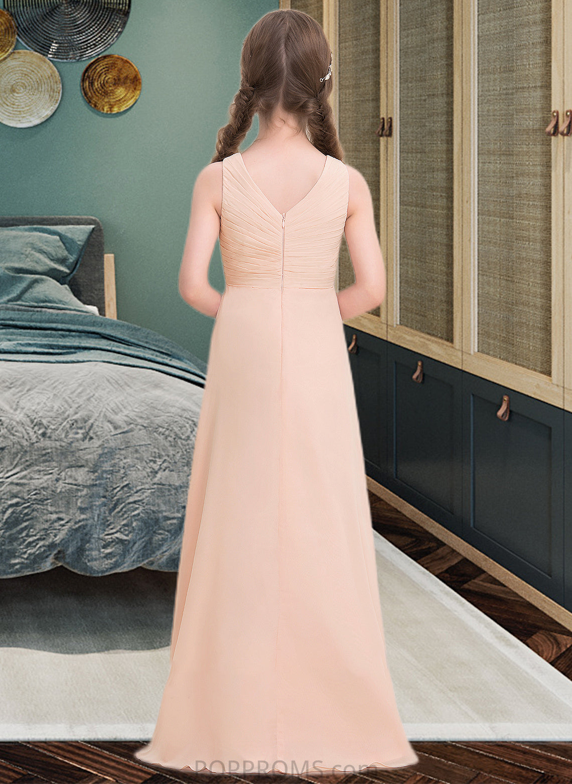 Lauryn A-Line V-neck Floor-Length Chiffon Junior Bridesmaid Dress With Ruffle PP6P0013368