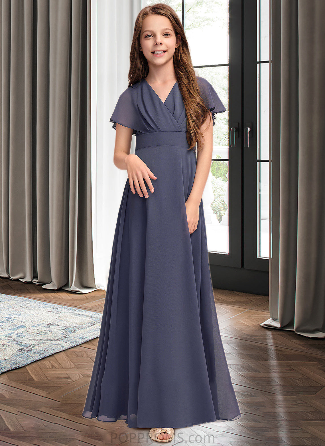 Ashtyn A-Line V-neck Floor-Length Chiffon Junior Bridesmaid Dress With Ruffle Bow(s) PP6P0013369