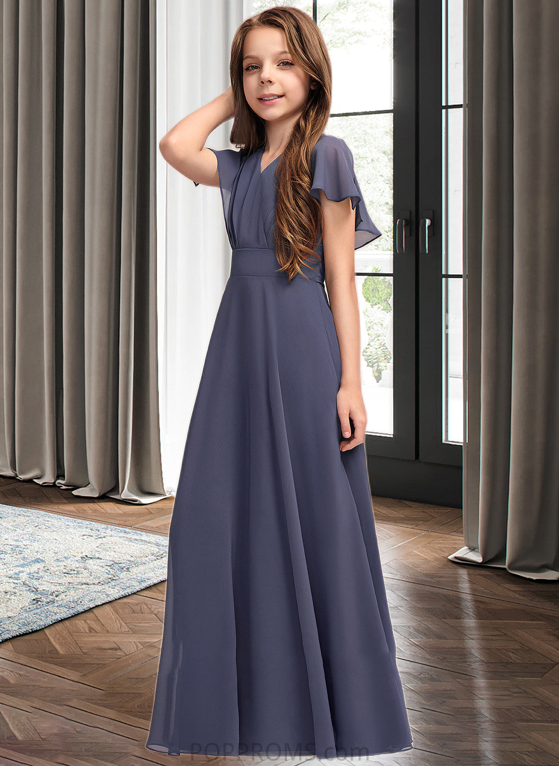 Ashtyn A-Line V-neck Floor-Length Chiffon Junior Bridesmaid Dress With Ruffle Bow(s) PP6P0013369